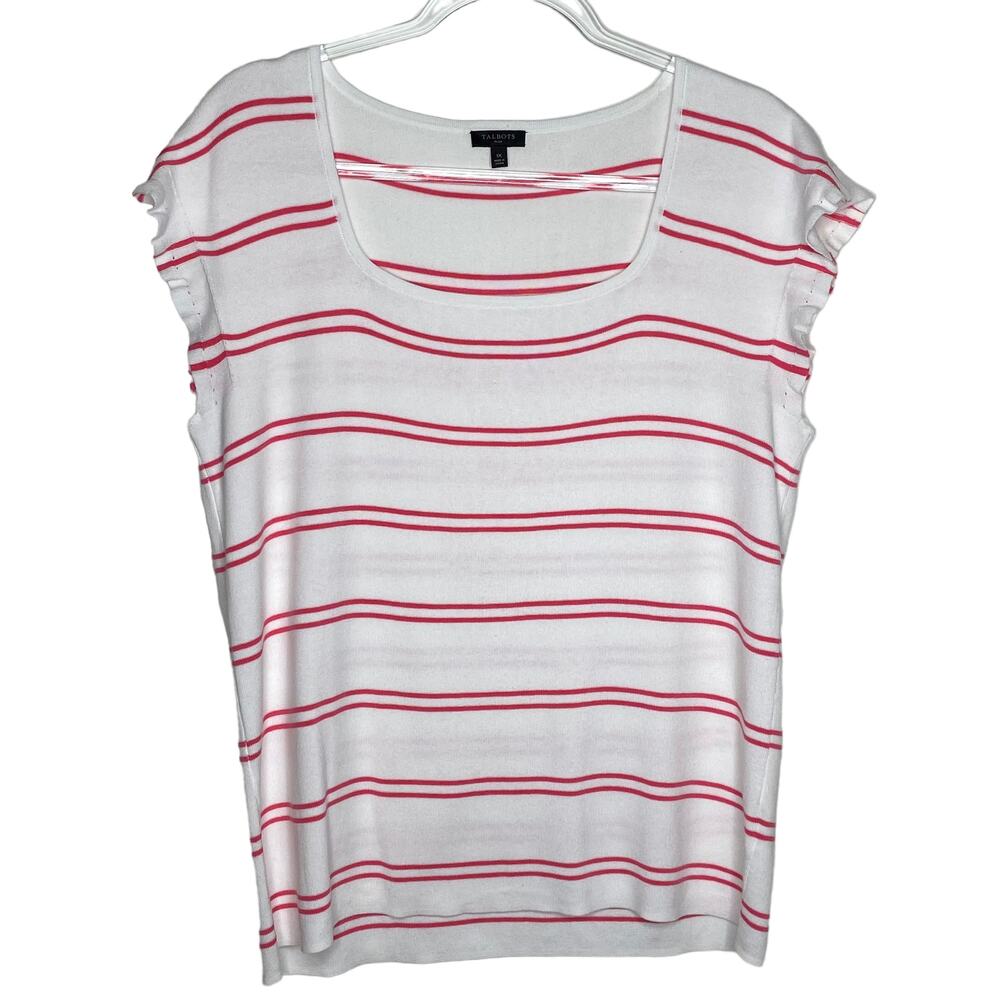 Talbots Plus Womens 1X Stripe Pullover Sweater Top Pink White Ruffle Cap Sleeve‎